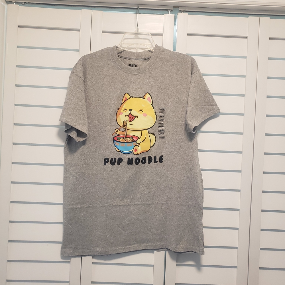 Brisco Pup Noodle Cartoon Kawaii Anime  Ramen Dog Gray Short Sleeve T-Shirt L